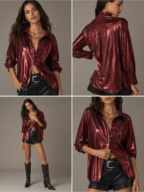 Anthropologie “The Shine” Metallic Button Down Shirt – Red Wine - Shimmer XS